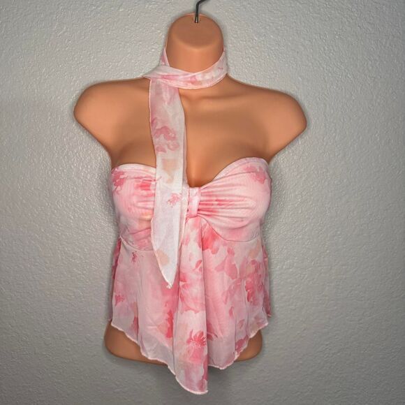Pink mesh floral strapless top with scarf - Picture 1 of 5